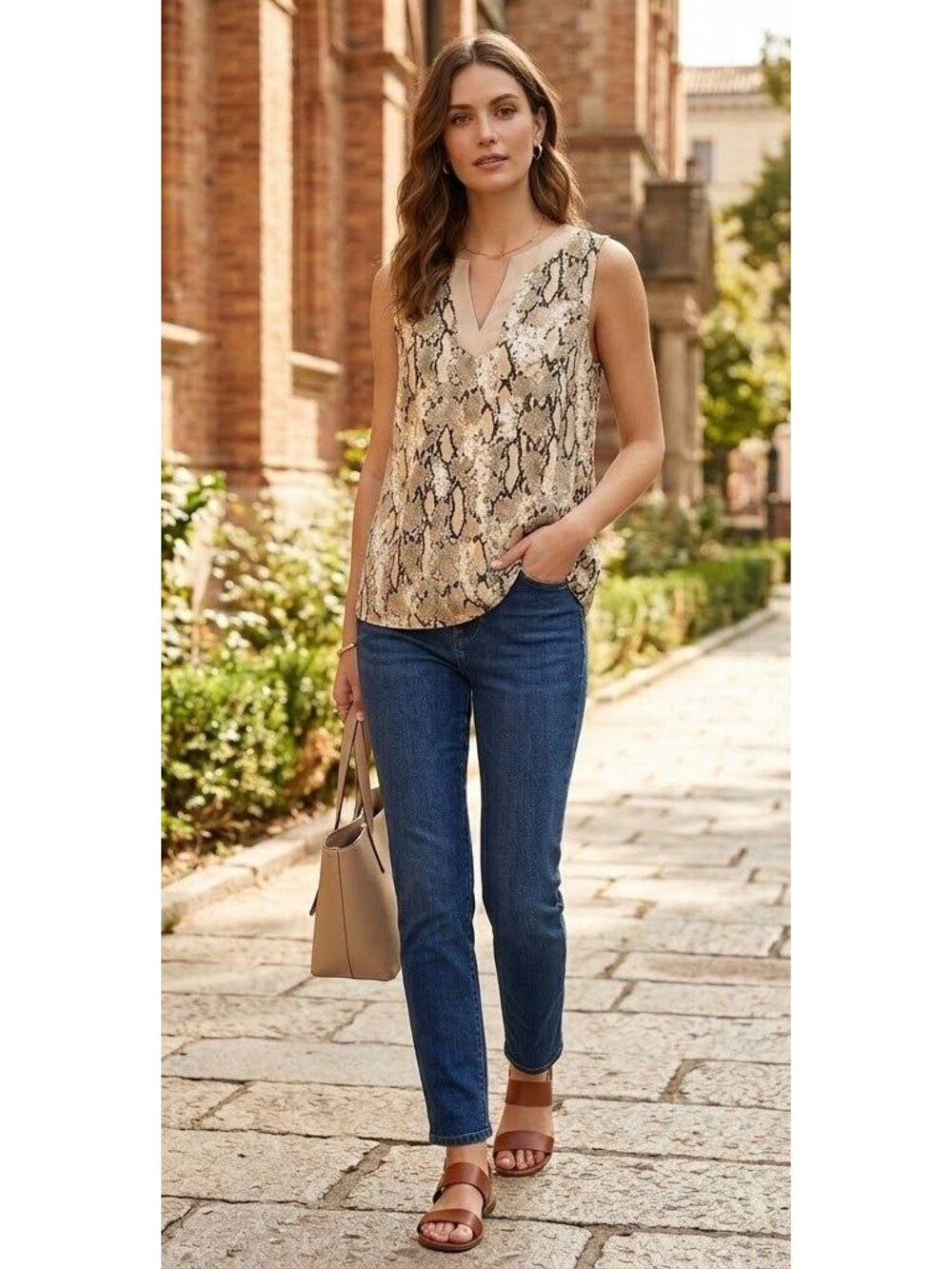 Jones New York Brown Tan Top Size 6 Animal Print V-Neck Sleeveless Popover